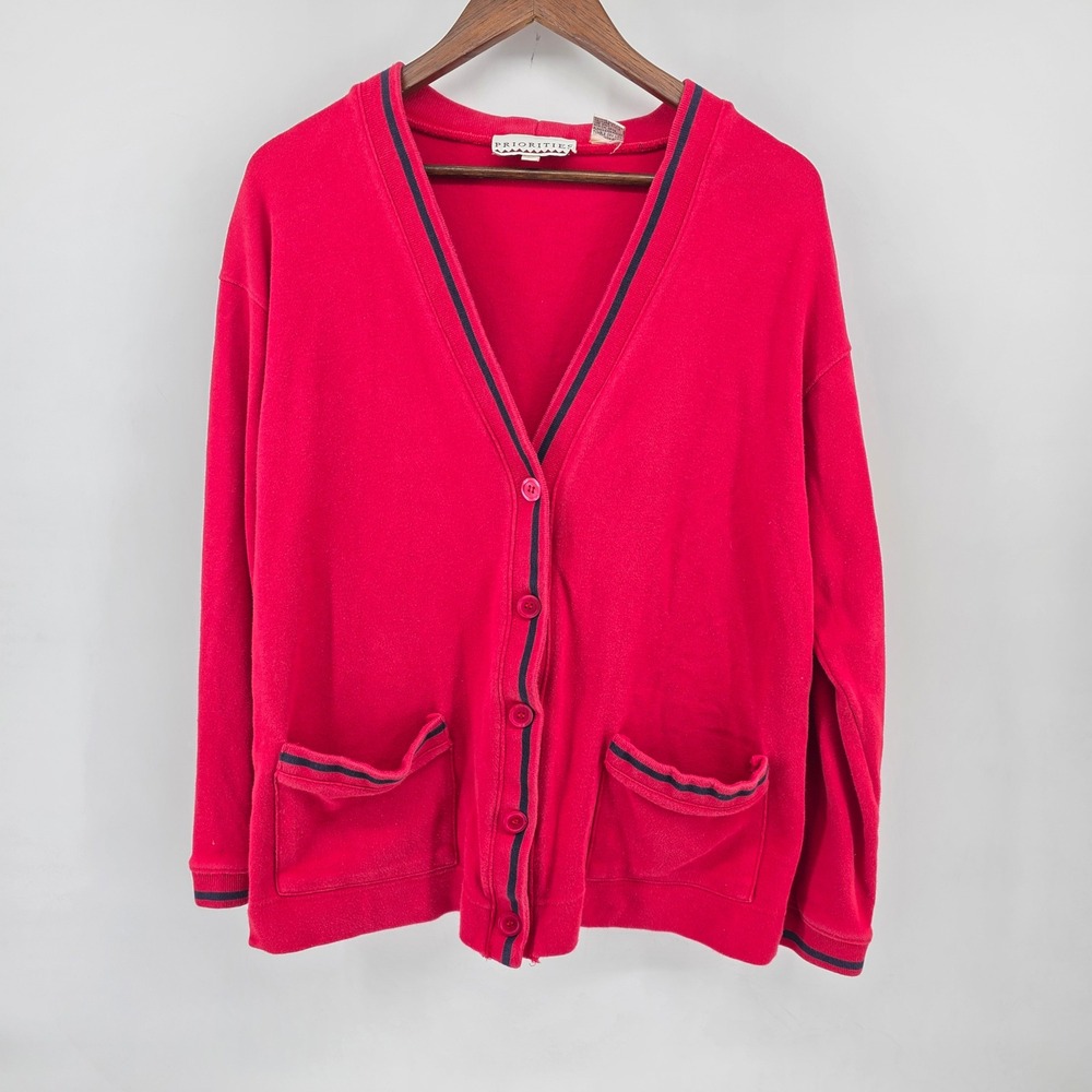 Priorities Vintage Red Cotton Knit Varsity Cardigan Sweater Size M